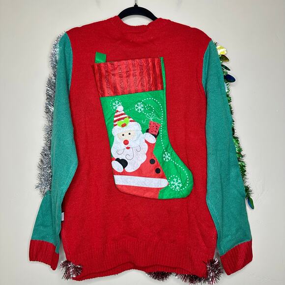 Ugly Christmas Sweater Naughty Santa LIGHTS UP Tinsel Xmas Party Winner Medium - Picture 3 of 5